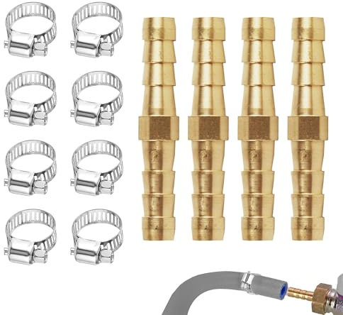 4 Pack 10mm Hose Pipe Connector Hose Brass Barb Fitting Straight Connector Coupler with 9-16mm Adjustable Stainless Steel Hose Connectors and Fittings for Water Fuel Air Gas