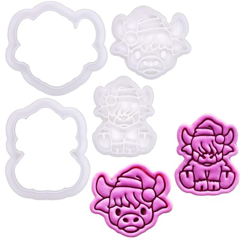 BAKERLOGY Mini 2 Ausstechform- und Präge-Set, Fondant-Ausstecher mit Prägestempel – Hochlandrind mit Weihnachtsmütze (Kopf & Körper) für Kekse, Cupcakes & Fondantdekorationen zu Weihnachten