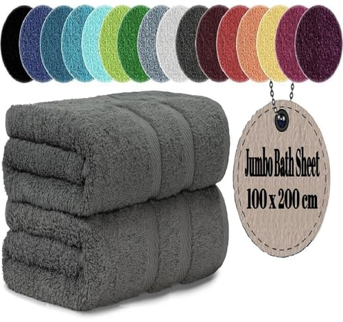 LoomTrove Pack of 2 Extra Large Jumbo Bath Sheets 100 x 200 cm 100% Egyptian Combed Cotton XL Towels Quick Dry Big Bath Sheet Super Soft Hotel Quality Towels Set (Charcoal Grey)