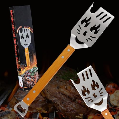 Landrip Strumento multifunzione 8 in 1 per barbecue, spatola per barbecue fai da te, in acciaio inox, manico in legno, regalo perfetto per barbecue per uomini