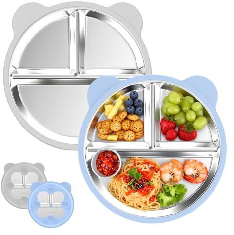 Ayciep Edelstahl Baby Teller mit Saugnapf, 2 Stück Silikon Kinderteller mit 4 Saugnäpfen, Edelstahl Teller Baby, BPA-frei, Rutschfeste, Abnehmbare Silikonhülle, Babyteller, Kinderteller, Blau + Grau