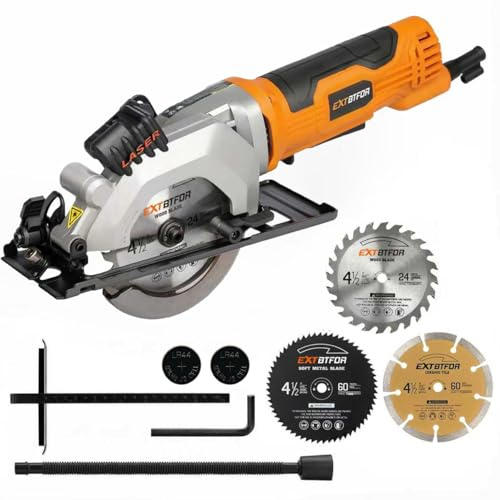 Extbtfor Power Circular Saw,4.8A Mini Circular Saw with Laser Guide,4000RPM Corded Saw Equipped with 3 Pcs 4-1/2 Blades，Maximum Cutting 1-11/16 at 90° and 1-1/8at 45° for Wood, Soft Metal, Plastic