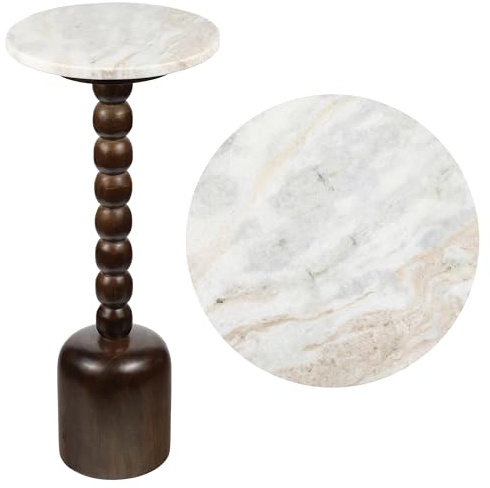 JONATHAN Y END3002C Turner 24.5 Designer Cottage Spindle Wood Column Drink Table and Decorative End Table with White/Beige Marble Round Top for Living Room, Bedroom, Office, Bathroom, Dark Brown
