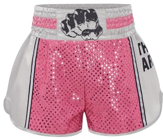 Raenseen Pantaloncini Muay Thai MMA Kickboxing pour Enfants Et Garçons Trunks Boxe Shorts Pantalons Courts Dentraînement Grappling Arts Martiaux Compétition Rose 11-12 Ans