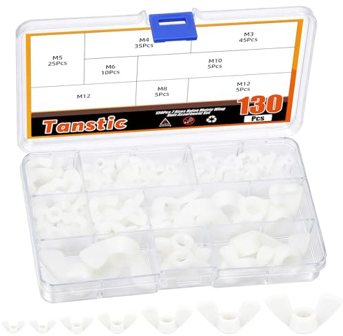 Tanstic 130-teiliges Set mit Flügelmuttern in den Größen M3, M4, M5, M6, M8, M10 und M12, Nylon-Flügelmuttern für Befestigungszubehör (weiß)