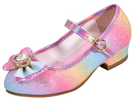 Glitterballerinaskor för flickor – klackskor med rosett glitterskor prinsesskor ankle-strap högklackade skor bröllop balettskor eleganta klädskor Mary Jane halvskor för klänning fest, ROSA, 30 EU