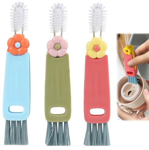 3pcs Petal Shape 3 in 1 Bottle Brush with Portable Cup Lid Gap Cleaner, Multifunctional Crevice Cleaning Brush for Baby Bottles, PP Material Straw Cleaner with Compact Size, Easy Travel Use