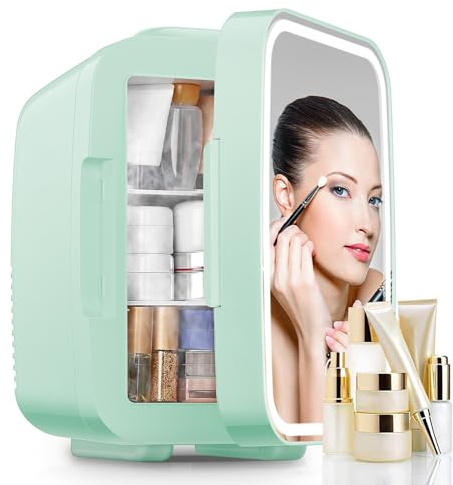 FOHERE Portatile Mini Frigo 5L, Piccolo Frigo Skincare con Specchio LED, Termoelettrico, Riscaldatore e Raffreddatore 220V AC per Ufficio, Dormitorio (Verde)