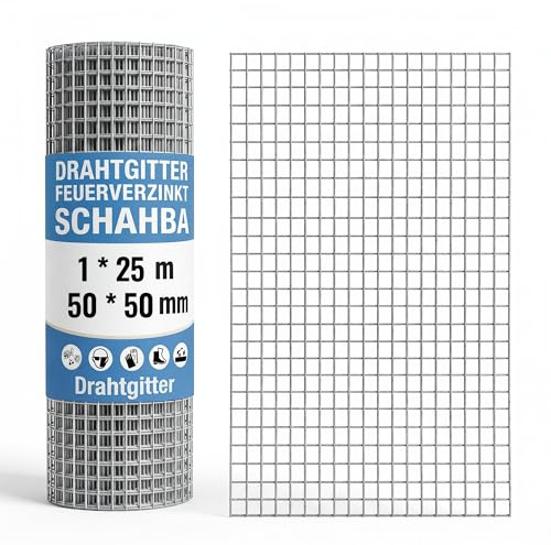Schahba Drahtgitter 1m x 25m (Maschenweite 50 x 50 mm) – Verzinktes Drahtgitter – Rostbeständiger, robuster Maschendrahtzaun für Gartenschutz, Gehegebau, Hühner & Kleintiere