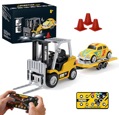 YESHIN Mini RC Carretilla elevadora de juguete con remolque, carretilla elevadora teledirigida con programación por App, control de crucero y regulación de velocidad, horquilla elevable, sonido y luz