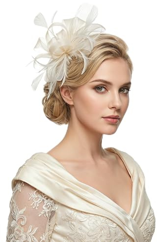 Fascinator For Hat Women Weddings, Royal Ascot Hats For Ladies, Bride Beige White Fascinators ,Dual-purpose brooch and Feather hair clip For Wedding Guests,Cocktail Tea Party Headwear For Women