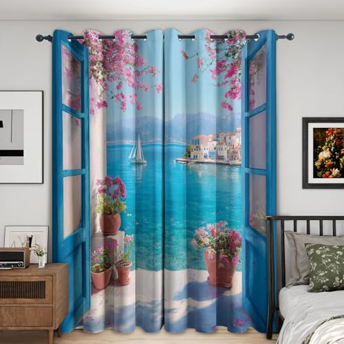 DITHYRAM Meer Vorhänge Mit ösen Blickdicht, Ozean Maritim Landschaft Fenster Vorhang Schlafzimmer Wohnzimmer Küche 140 x 145 cm Lang, Übergardinen Innen Verdunklungsvorhänge