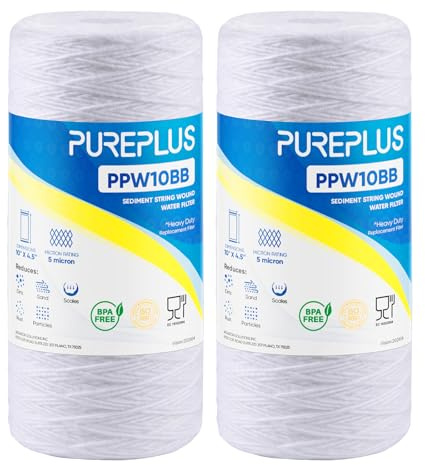 PUREPLUS 5 Micron 10 x 4.5 Whole House String Wound Sediment Filter for Well Water, Replacement Cartridge for 84637, WPX5BB97P, PC10, 355214-45, 355215-45, WP10BB97P, WP5BB97P, 2Pack
