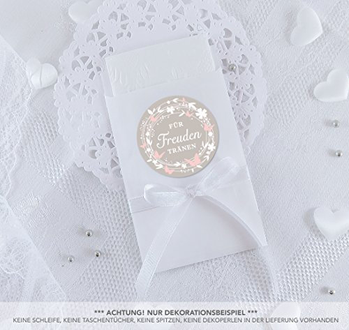 SET KLEIN: 24 Freudentränen Sticker + 24 weiße Flachbeutel - 63 x 93 mm für Freudentränen Taschentuch Verpackungen • Aufkleber in SAND mit Schmetterlinge • 4cm, matt, rund