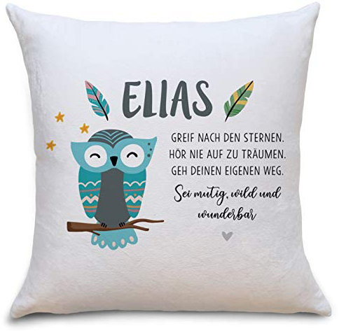 OWLBOOK Eule Boho Flauschiges Kissen mit Füllung Personalisiert mit Namen Geschenke Geschenkideen für Jungs Jungen zum Geburtstag Geburt Baby Kind