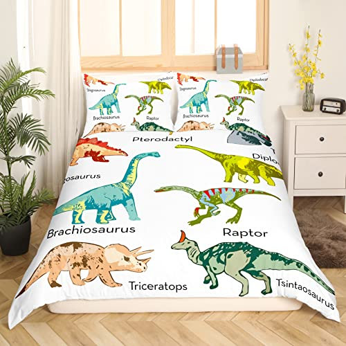 Loussiesd Dinosaur Bed Linen Children 135 x 200 cm Girls Colourful Dinos Duvet Cover Set Cute Dinosaur Animal Bedding Set for Boys Teenagers Decor Soft Microfibre with 1 Pillow Case Zip