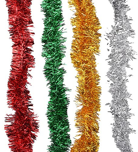 Jomnvo 8 Pieces Christmas Tinsel Garland Metallic Red Green Gold Silver Tinsel Garland Hanging Decoration Glitter Ribbon Shiny Christmas Tree Ornaments (8)