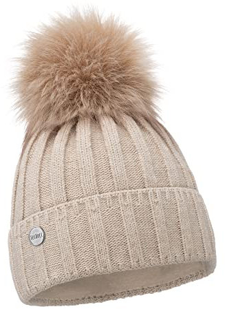 ELIMELI Kaschmir Mütze Damen Winter warme Strickmütze Wollmütze mit Kaschmir Wintermütze mit Kunstfell Bommel Slouch Strick Beanie Damen für Winter Bommelmütze Hergestellt in EU (Beige)