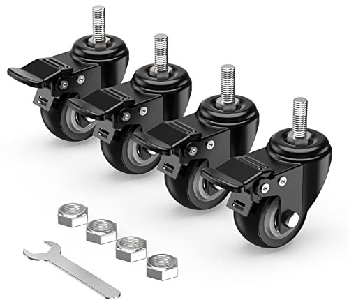 HOLKIE Castor Wheels with Brakes Stem Castors Set of 4 Heavy Duty, M12 x 15mm Threaded Stem Caster Locking Swivel Trolley Furniture Casters Black