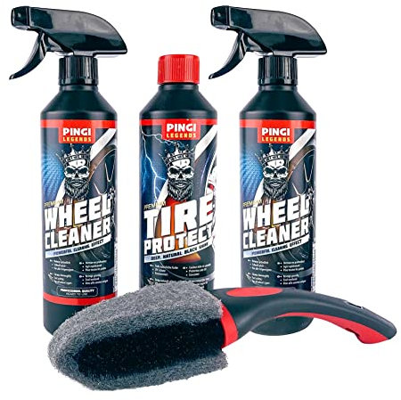 Pingi Legends Felgen Reiniger 3er Set | Reifenschutz 500 ml, Alufelgenspray 500 ml & Felgenbürste | Felgenreiniger Alufelgen mit Autoradbürste | Bremsstaub, Straßenschmutz & Ablagerungen entfernen