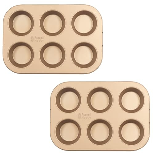 Russell Hobbs COMBO-8221 Pack of 2 Opulence Muffin Trays, Baking Tin for Yorkshire Puddings, Pies, Cupcakes, Easy Clean, PFOA Free, Long-Lasting, Oven Safe to 220 Degrees, Carbon Steel, 6 Cup, Gold