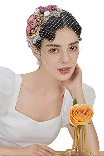 BABEYOND Fascinator im Stil der 1920er Jahre, Netzstoff, Blume, Perlen, Schleier, Stirnband, Brautschmuck, Hochzeit, Teeparty, Schleier, für Damen