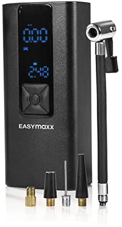 EASYmaxx Elektrische Luftpumpe bis 8,5 bar, 120 PSI | Akku Kompressor mit Taschenlampe und Powerbank 2000 mAh | Handkompressor mit Luftdruckanzeige | Für Autos, Fahrräder, Motorräder, Bälle uvm