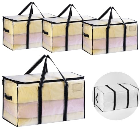 VENO 4 Pack Heavy Duty Moving Bags for Clothes,Extra Large Moving House Essentials,Underbed Storage Packing Boxes for Duvet,Waterproof Laundry Bags Organiser (Clear, 4 Pack) | 90L Moving Boxes Alternative,50lbs Loads, w/ Wrap-around Handles,Zippers,Tag,for College Dorm Essentials Space Saving(Clear)