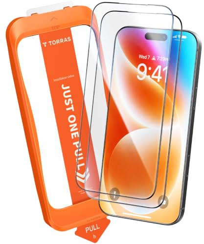 TORRAS für iPhone 15 für Panzerglas TOP 9H+ Schutzglas, 2 Stück | Full Screen Anti-Bläschen , Auto-Installation, Stoßfest Kratzfest, Anti-Fingerabdruck, Kompatibel mit Hülle