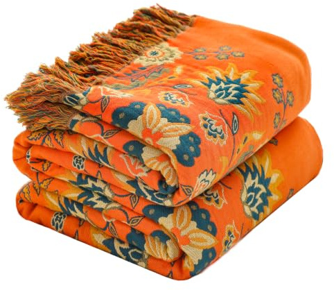 HOORDRY Sofa Throws Blanket Bedspread King Size with Tassels, 230×250CM(90×98In),100% Cotton Double-sided Bohemian Extra Large Throws for Settees and Bed, All Season Decorative bed Throw-Orange