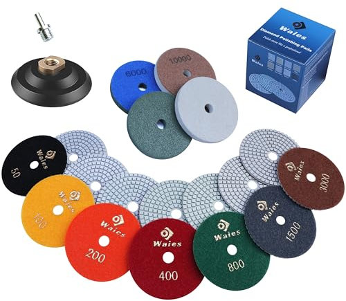 Waies 11 Packs 4 Inch Diamond Polishing Pads with M14 Backer Pad 9 PCS Wet/Dry Polish Pad Kit for Drill Grinder Polisher 50-10000 Grit Pads for Marble Tile Quartz Granite Concrete Countertop