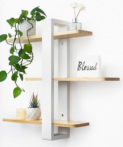 SUMGAR Scaffale da Parete Bianco in Legno, Scaffali Galleggianti, Scaffale Sospeso Grande, Scaffali Decorativi Pratici a Tre Piani in Legno Massiccio per Soggiorno Camera da Letto, Ripiani Rimovibili