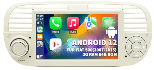Autoradio für FIAT 500 2007-2015, CarPlay & Android Auto, WLAN Bluetooth | Android 12 System 2G+64G mit GPS Navi, 7 Zoll IPS Touchscreen WLAN Bluetooth FM Lenkradkontrolle