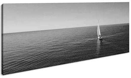 Einsames Segelboot auf endlosem Blau Panorama 120x60 cm Effekt:Schwarz&Weiss als Leinwandbild, Motiv fertig gerahmt auf Echtholzrahmen, Hochwertiger Digitaldruck mit Rahmen