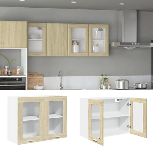 Homgoday Hängeschrank aus Glas, Sonoma-Eiche, 80 x 31 x 60 cm, aus mehrschichtigem Holz, Büro-Möbel, Schrank für das Büro, Aufbewahrungsschrank
