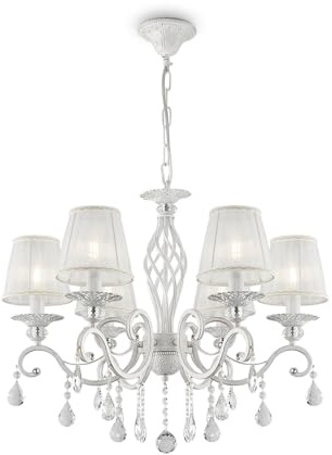 Licht-Erlebnisse Kronleuchter mit Schirm Stoff Metall Kristall H: max. 116 cm 63 cm breit in Shabby Weiß Gold Weiß E14 6-flammig Klassisch Hängeleuchte Esstisch