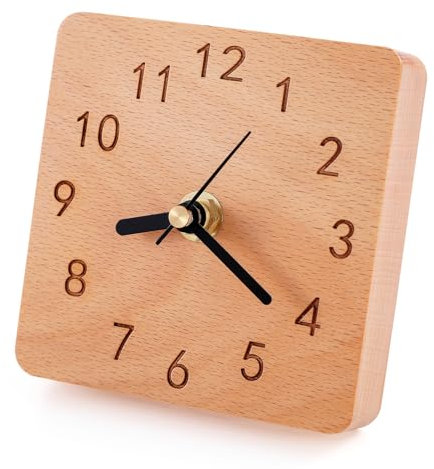 Kattepote Wood Desk Clock, Non Ticking Silent Clock for Shelf, Table, Mantel or Bedside, Home Decorative Small Table Clock for Living Room Bedroom Office, Square Shape, Made of Beech Wood