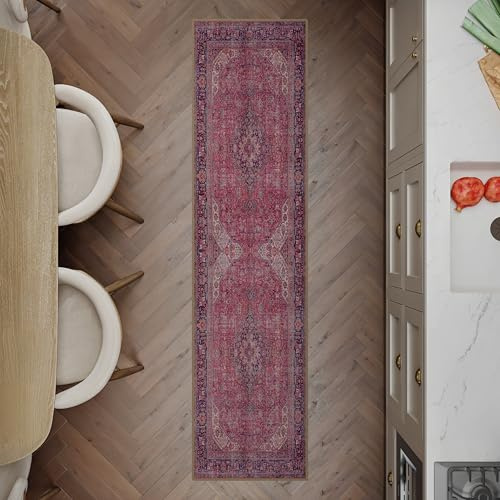 artyrugs Machine Washable Rug, 60x240cm, 75% Recycled Cotton, Short Pile, Non-Slip Backing, Non-Shedding, Suitable for Bedroom, Kitchen, Hallway, Office, Runner, Aesthetic Crimson Red