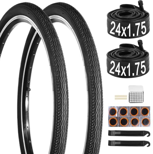 yeesport 24 Inch Bike Tire, 2 Pack Folding 24x1.75 Bicycle Tire and 24x1.5-1.75” Bike Tubes with Repair Kit, Mountain Bike Tire Replacement Set,MTB Tires, Replaceable Bike Tires for MTB Off-Road Bike
