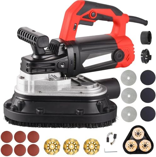 Rectificadora de hormigón multifuncional, lijadora de pared con aspiradora, ajuste de 6 velocidades, cepillo de carbón externo, esmerilado/pulido, amoladora de hormigón extraíble, lijadora de hormigón