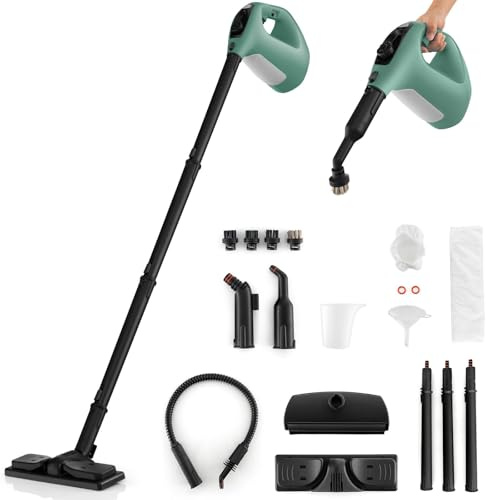 GOPLUS Dampfreiniger 1500W, Tragbarer Mehrzweck-Dampfreiniger: Dampfdruck: 2 Bar, 400 ML Wassertank, Aufheizzeit: 1 min., mit 14 Zubehörteilen, Dampfreiniger Handgerät (Grün)