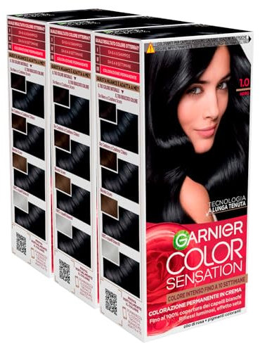 Garnier Color Sensation Colorazione Permanente in Crema Lunga Durata con Olio di Rosa Copre il 100% dei Capelli Bianchi Colore 1.0 Nero - 3 Tinte