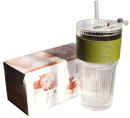 ASERON Vaso de cristal acanalado de 600 ml, tapa y pajita de cristal, con manga de taza, taza de batidos de pared gruesa, diseño impermeable hermético, café de cóctel, todas las bebidas verde