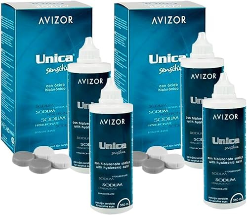Avízor Unica Sensitive - Confezione 4x350ml | Soluzione Unica con Acido Ialuronico - Pulizia e Disinfezione Profonda per Tutti i Tipi di Lenti a Contatto - Speciale per Occhi Sensibili