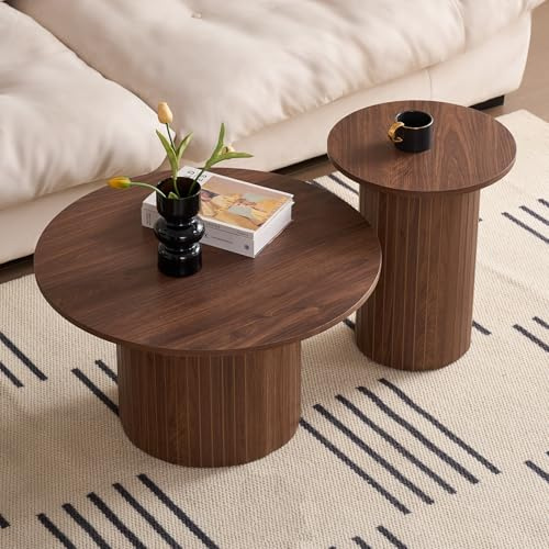 JZGORC 2er-Set Moderner Runder Couchtisch, Römische Säulenbasis, Runder Sofa-Beistelltisch im Landhausstil, Geeignet für Wohnzimmer, Büro – Dunkelbraun