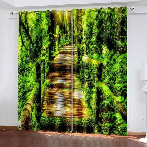 Lirzxin Vorhänge Lichtdicht 214 cm Lang, Undurchsichtige Gardinen mit Ösen 2er Set Grün Braun Wald und Holzstufen Landschaft Vorhang für Kinderzimmer Wohnzimmer Schlafzimmer, 107x214 cm(BxH)
