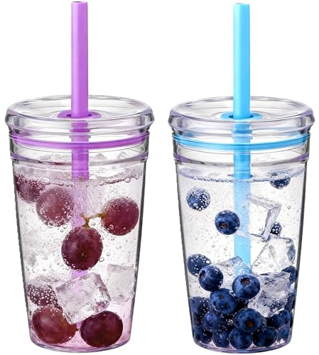 Yisituo 2 Pack 450ml Clear Plastic Iced Coffee Travel Cups, Reusable with Lids and Straws, for Cold Hot Beverages (2, Purple, Blue)