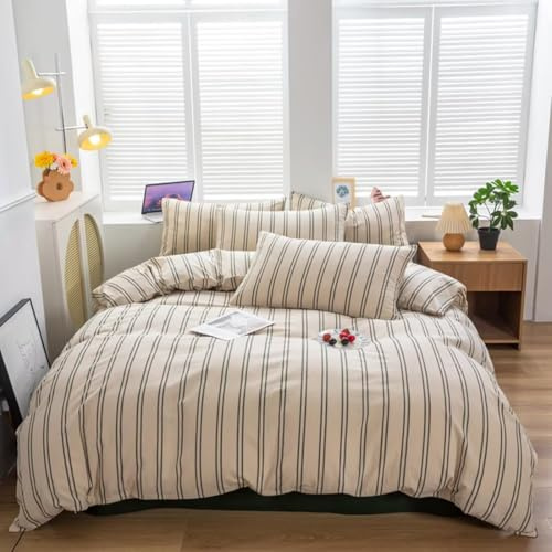 Mucalis Beige Duvet Cover Queen Size with Green Striped 100% Washed Cotton Duvet Cover Set Full Vintage 3 Piece Stripes Pattern Bedding Set with Zipper Closure Corner Ties,Durable,Breathable,Easy care