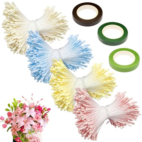 ZYNERY 1400 Stück Pfeifenputzer Blumen Staubblatt zum Basteln Gelb Weiß Rosa Blau Staubblätter Deko mit Floristenband, Blütenstempel Künstliche Blumen Staubgefäße für Gehäkelte Blumen pfeifenreiniger