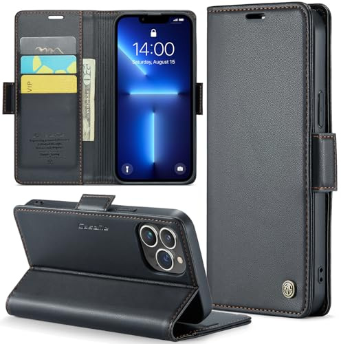 Rerzoiro fodral för iPhone 13 Pro, premium PU-läder telefonfodral med RFID-blockering, ställ, kortplats, magnetiskt skydd, flip bok plånboksfodral för iPhone 13 Pro, Svart